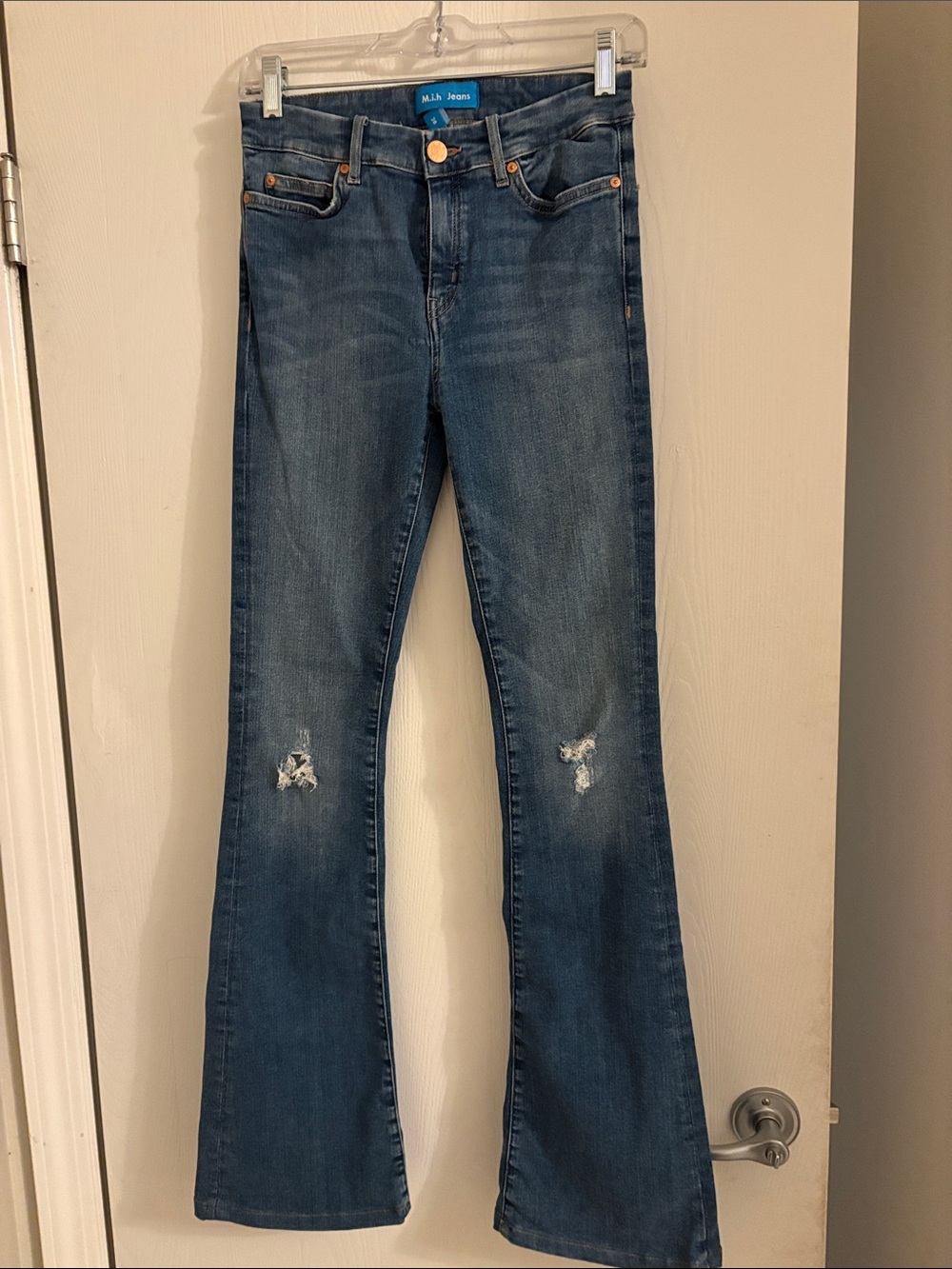 MLM Jeans Women's stretch Blue Flare Jeans with Knee Distress